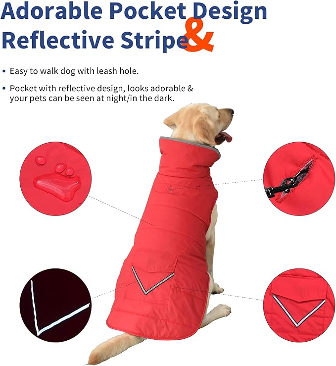 Dog Coat, Waterproof Dog Winter Jacket with Pocket, Reflective Adjustable Pet Snow Vest, Warm Cozy Fleece Sweater for Small Medium Extra Large Dogs - Red, S