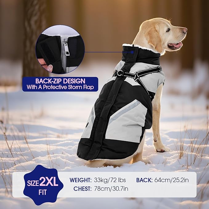 FUAMEY Dog Winter Jackets for Large Dogs,Dog Coat with Harness Built in,Waterproof Dogs Snowsuits Warm Pet Jacket Zip Up Fleece Cold Weather Coats Reflective Puppy Vest with Pocket Black 2XL