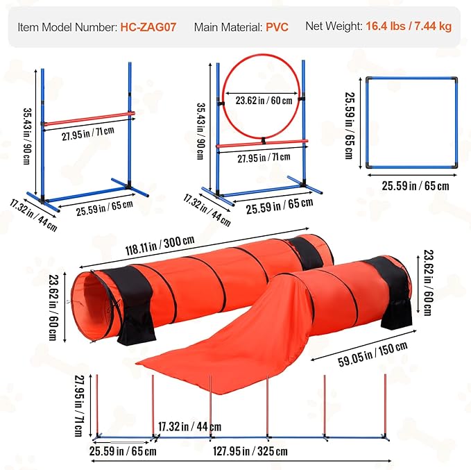 VEVOR Dog Agility Course Backyard Set, 13pcs Agility Training Equipment for Dogs, 2 Tunnels with Sandbags,Adjustable Hurdles,Weave Poles,Jump Ring,Pause Box, Puppy Obstacle Course Kit with Storage Bag
