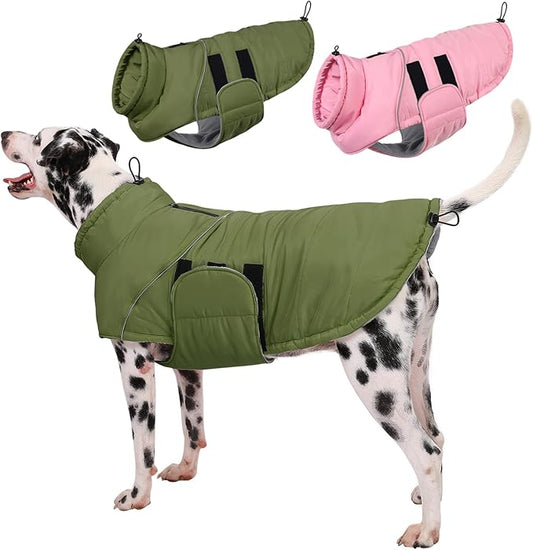 ASENKU Extra Warm Dog Coat with Fleece, Reflective Puffer Jacket, Adjustable with Zippered Leash Hole for Large Dogs, Winter Clothes (Green, XL)