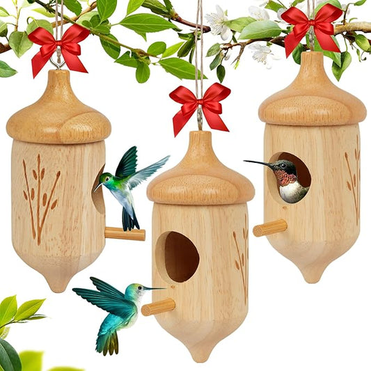Hummingbird House, Wooden Hummingbird Houses for Outside Hanging, Humming Bird Nest Swinging, Wooden Bird Houses with Cotton, Bow, String, Gardening Gifts Decoration (3 Pack)