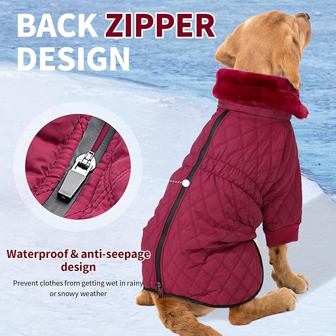 IDOMIK Dog Winter Coat for Large Dogs, Warm Dog Winter Jacket with Fleece High Collar, Zippered Cold Weather Coats for Dogs, Waterproof Doggy Snow Jacket Clothes,WineRed,L