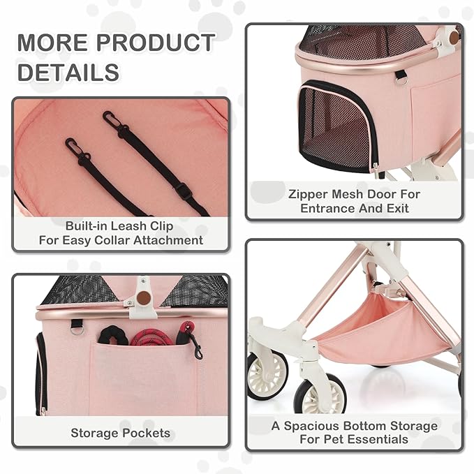 MoNiBloom 3 in 1 Pet Stroller with Adjustable Handle, Jogging Stroller w/Detachable Carrier & Lightweight Aluminum Frame for Dogs Cats, Soft Pink