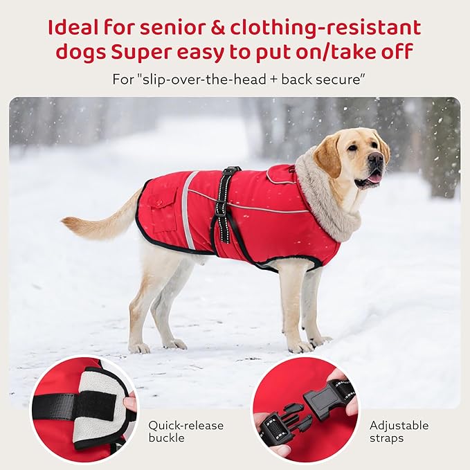 Dog Coat, Dog Winter Coat Jacket Waterproof for Medium Dogs, Pet Vest Warm Fleece Cozy for Cold Weather, with Harness Built in Reflective, Dogs Snowsuit Windproof, Adjustable Buckle