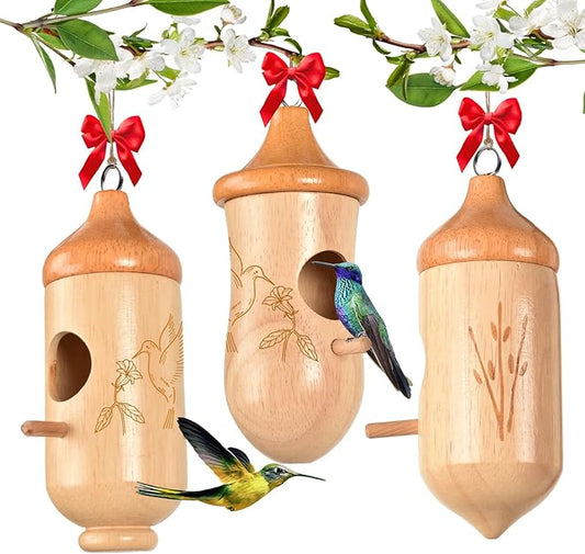 Hummingbird House, Solid Wood Hummingbird Houses for Outside-Exquisitely Handcrafted Birdhouse with Ribbon and String Hanging Kit, Durable Garden Decor, Perfect Gardening Gift (Style-D, 3 Pack)