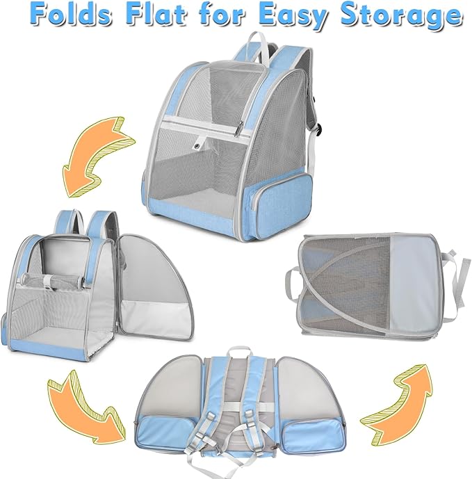 Cat Backpack Carrier, Large Pet Backpack with Kitten Wand Feather Toy for Medium Small Dog Cat Puppy Kitty Bunny up to 15lbs, Ventilated Mesh Dog Travel Carrier for Hiking Walking Outdoor Use (Blue)