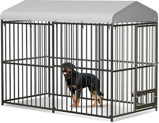 8X4x6FT Large Outdoor Dog Kennel with Swivel Feeder & UV-Resistant Waterproof Roof Covered, Heavy Duty Dog Cage Playpen for Medium and Large Dogs, Easy Assembly