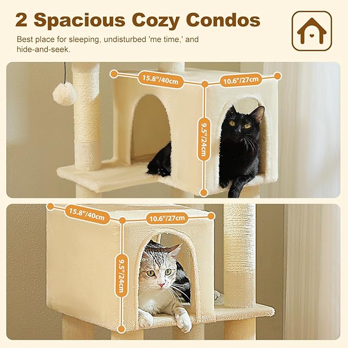 PAWZ Road Cat Tree Tower 62 Inches Cat Tree with 2 Condos,2 Large Perch,4 Scratching Posts & 1 Scratching Board, and 2 Hanging Balls for Indoor Cats-Beige