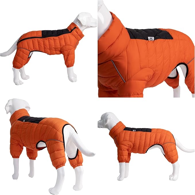 Lovelonglong Dog Coat Dog Warm Jacket, 4 Legs Covered Waterproof Windproof Reflective Warm Dog Vest, Zippered Adjustable Outdoor Dog Snow Jacket for Small Medium Large Dogs Orange M