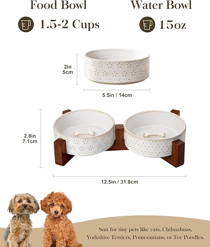 MALACASA Dog Bowl Set with Walnut Wood Stand, 1.5 Cups Ceramic Pet Bowls for Puppy Dogs, Dual Food and Water Bowls with Non-Slip Base, Basic Bowls for Your Dog or Cat, Five-Leaf Grass & Honeycomb