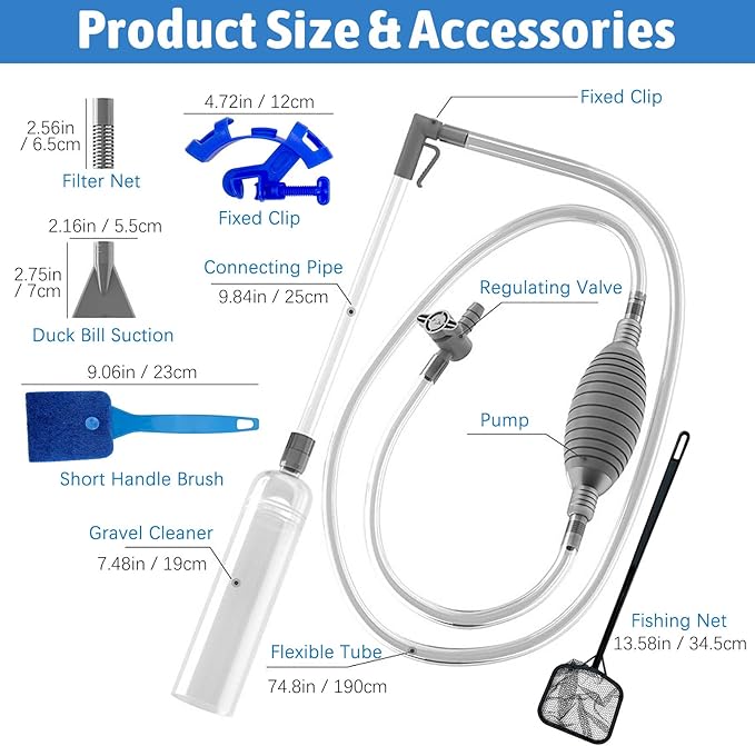 PINVNBY Aquarium Vacuum Gravel Cleaner Kit Manually Fish Tank Cleaner with Fish Net & Fixture Clamp Fish Tank Water Changer Aquarium Siphon Sand Cleaning for Various Tank Sizes