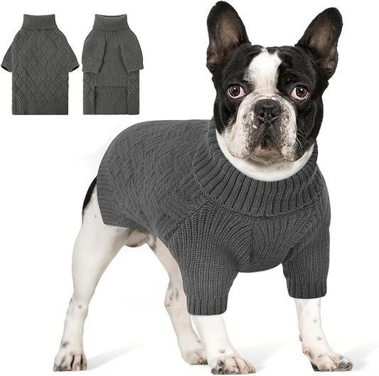 AOFITEE Small Dog Sweater, Dog Sweaters for Small Dogs Male, Thick Dogs Winter Sweatshirt Girl Boy, Pet Halloween Sweater, Classic Cable Turtleneck Holiday Knitwear for Pug Dachshund (Grey, S)