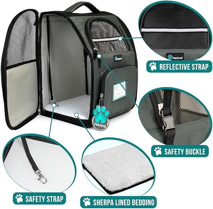 PetAmi Dog Backpack Carrier for Small Large Cat, Pet, Puppy, Ventilated Pet Hiking Backpack Travel Bag, Airline Approved Cat Backpack Carrier, Camping Biking Dog Bag Up to 18lbs Pet, Dark Grey