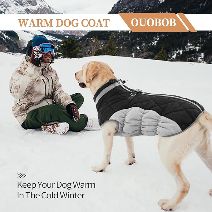 Winter Dog Coat,Large Dog Jacket,Waterproof Pet Jacket with Back Zipper,Pet Coat with Harness Built in,Warm Dogs Coat with Fleece Lined,Snow Jacket Clothes French Bulldog Shiba Inu,Black,L