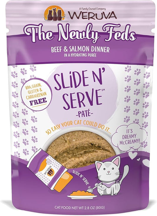 Weruva Wet Cat Food, The Newly Feds with Beef and Salmon Pate, 2.8oz Slide N Serve Pouch, Pack of 12