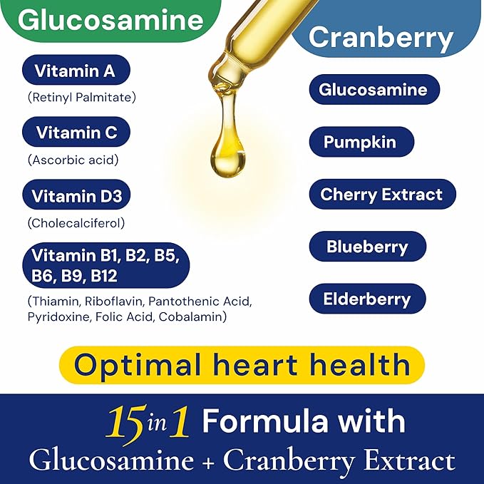 Advanced 15-in-1 Multivitamin for Dogs & Cats - Premium Liquid Supplement with Glucosamine, Vitamin B Complex and Cranberry for Joint, Digestive, Skin, Immune & UTI Support - 2.0 Fl Oz - Made in USA