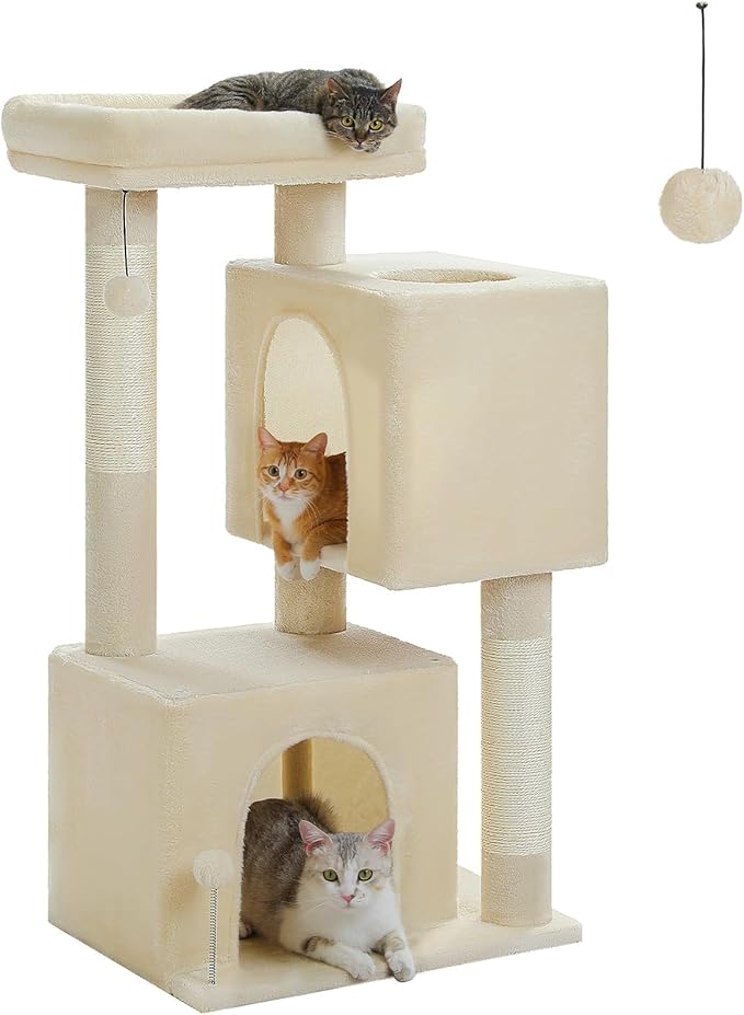 XL Cat Tree 44" Cat Tower for Large Cats 20 lbs+, 2 Spacious Caves with 3.4" Thickened Scratching Post, Large Top Perch, 2 Interactive Toys, Beige