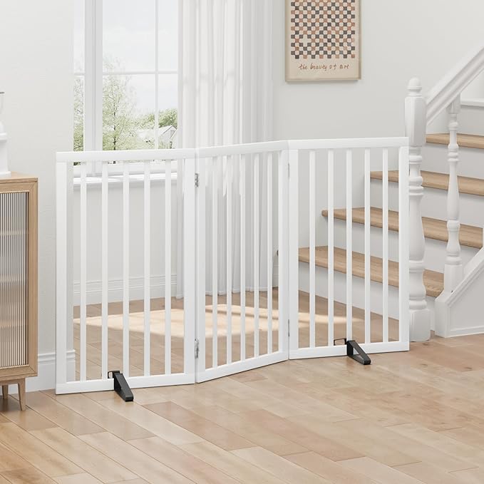 Dog Gates for Doorways, Tall Dog Gate Indoor, Foldable Pet Gates for Doorways Bedroom, Freestanding Puppy Gate with Metal Support Feet, Room Divider 3 Panels (White)