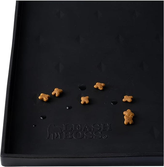Leash Boss Silicone Pet Food Mat for Dogs & Cats - XL 25 x 17 in, Black - Non-Slip Waterproof Raised Edge Dog & Cat Bowl Mat Dishwasher Safe