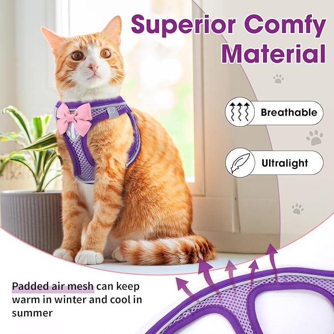 Cat Vest Harness and Leash Set for Walking Escape Proof, Adjustable Kitten Harness Breathable Mesh with Reflective Strips Harness for Kitty Puppy Bunny Purple,M