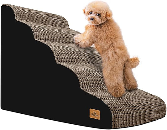 5-Step Dog Stairs for High Beds and Couch, Foam Ramp with Non-Slip Waterproof Fabric Cover, Brown Pet Stairs for Joints