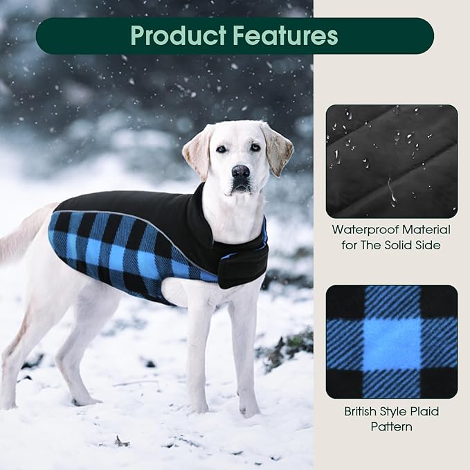 Kuoser Dog Winter Coat, Reversible Waterproof Dog Jacket with Reflective Strip, Warm Dogs Fleece Vest Adjustable Doggy Cold Weather Clothes Plaid Christmas Outfit Pet Apparel for Small Dogs, Blue XS
