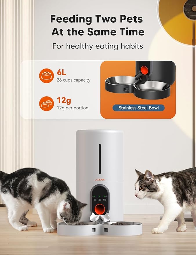 WOPET Automatic Cat Feeder, 5G WiFi Pet Feeder for Two Cats or Dogs with Remote Control, 6L Cat Food Dispenser with Low Food Sensor, 1-10 Meals Per Day, Up to 10s Meal Call for Pets