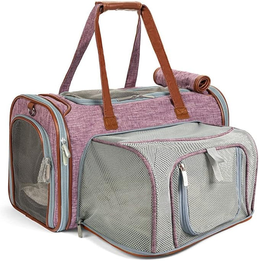 Mr. Peanut's Gold Series Big Apple XL Expandable Airline Capable Soft Sided Pet Carrier, Premium Brand Self Locking Zippers, Plush Faux Fleece Bedding with a Sturdy Plywood Base (Purple)