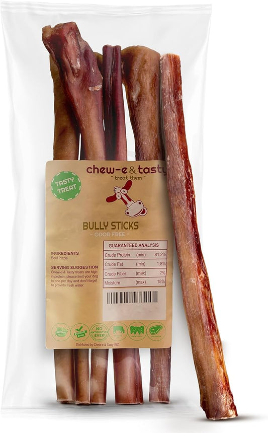 chew-e&tasty 12" Premium Bully Sticks (5 Pack) – Odor-Free All Natural Beef Chews – Single Ingredient, 100% Digestible, High Protein & Low Fat Rawhide-Free Dental Treats for Large & Extra-Large Dogs