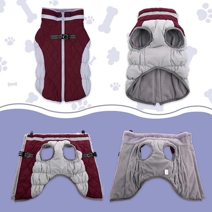 Lelepet Dog Coat Warm Dog Winter Coat Waterproof Dogs Jacket with Harness Built in Reflective Pet Fleece Vest Zip-Up Cold Weather Coats for Large Dogs Turtleneck & Windproof Coats Pitbull Wine Red 2XL