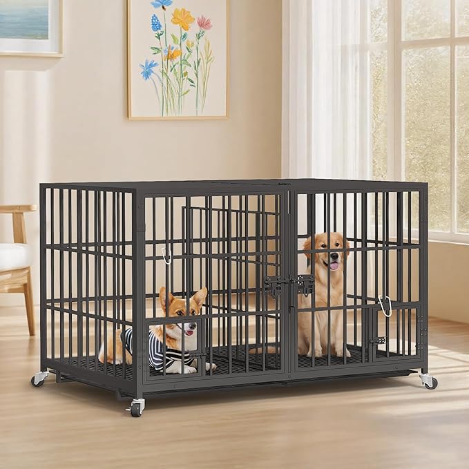 54 Inch Metal Dog Crate for Large Dogs,Heavy Duty Dog Cage Kennel Indoor with Divider Panel,Lockable Wheels, Indestructible Drop Cages for Dogs with Removable Tray, Escape Proof Locks