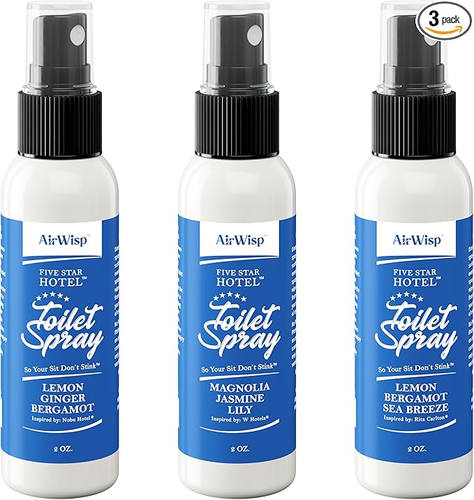 AirWisp Toilet Spray 3 Pack Variety Pack - Pre Poop Spray Odor Eliminator - Curated 5-Star Hotel Picks - 2 oz. Bottles - Up To 100 Uses Per Bottle - Travel Toiletry