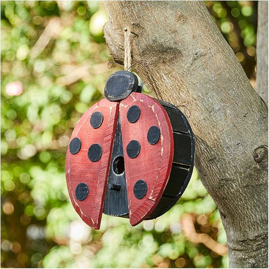 Glitzhome 11.5" H Distressed Solid Wood Ladybug Birdhouse Garden Hanging Bird House for Outdoors