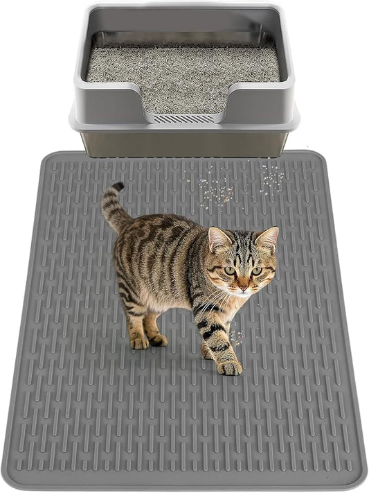 Easy Clean Silicone Cat Mat for Litter Box - 33.7" x 22" Waterproof Non-Slip Kitty Litter Trapping Mat for Protecting Floor, Less-Mess Food Water Mat for Indoor, Gray