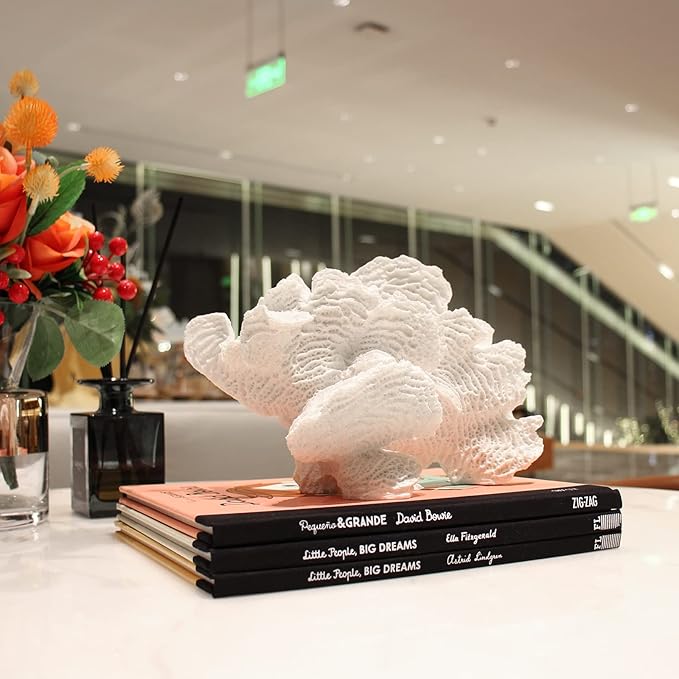 White Coral Statue - Faux Coral Decor Resin Sea Reef Sculpture Tabletop Decoration for Home and Coastal Living