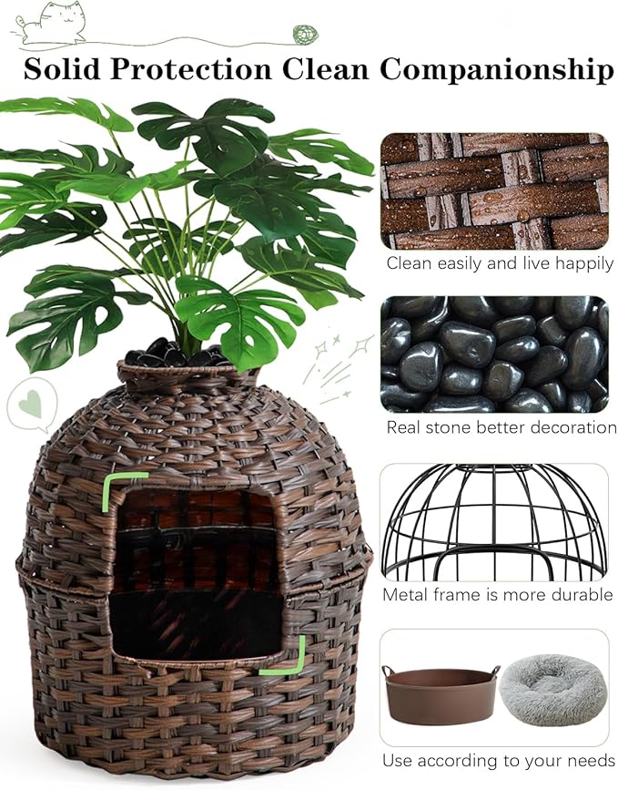 Cat Litter Box Plant Furniture Enclosure, Hidden Handwoven Rattan with Cat Litter Box and Artificial Plants, Odor Control Filter, Real Stones in Living Room, Bedroom, Corner (Brown)