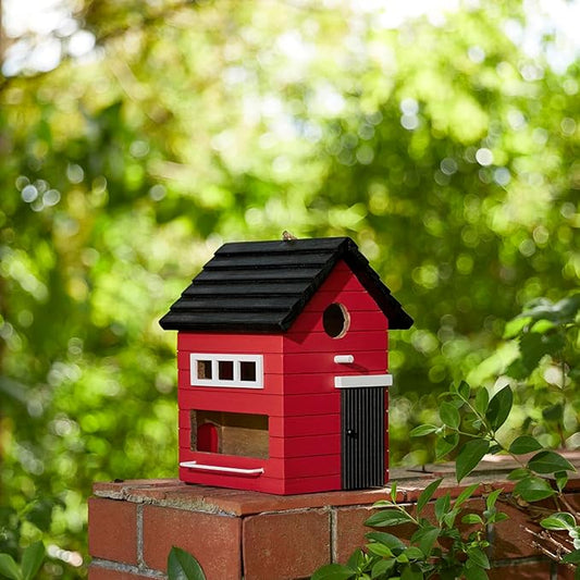 Glitzhome Wooden Bird Houses, Hand Painted Hanging Bird House for Outdoors,10.25" H Modern Functional and Decorative Outdoor Garden Birdhouse for Finch Bluebird Cardinals Swallow Wren Chickadee, Red