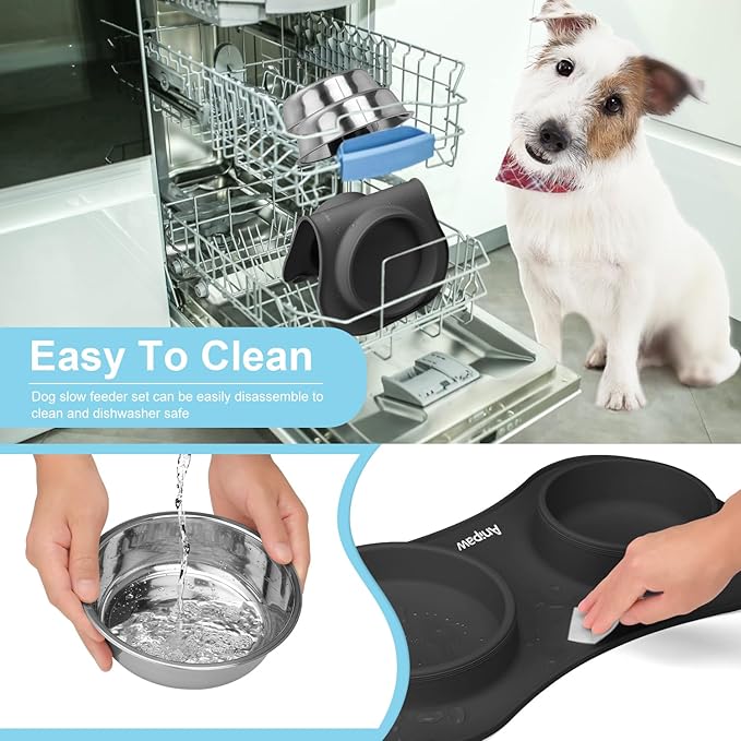 Slow Feeder Dog Bowls 3 in 1 Stainless Steel Dog Food and Water Bowls with Non-Spill Non-Skid Silicone Mat to Slow Down Eating for Large Medium Small Breed Size Dogs and Cats (Grey Blue)