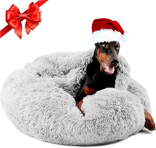 Himax Dog Beds for Large Dogs, Donut Dog Beds with Blanket, Cozy Soft Fluffy Round Dogs Beds, Washable (20"/26"/35") Light Grey