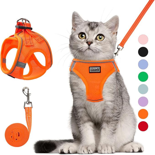 Cat Harness and Leash Set, Soft and Breathable Vest with Reflective Strip, Escape Proof Kitten Harness, Easy to Wear for Cats Walking and Traveling (Orange, XS)