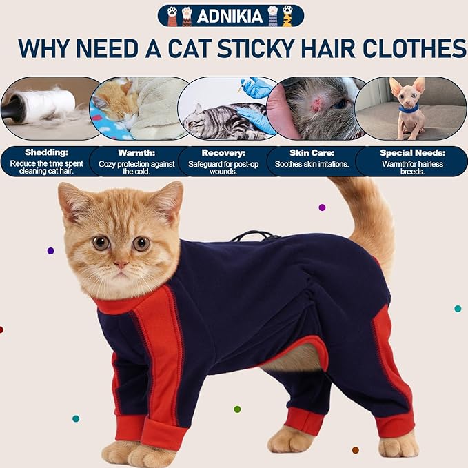 Cat Pajamas for Cats Only, Sticky Hair Cat Clothes, Long Sleeve Sphynx Clothes, Anti-Licking or Skin Disease Recovery Suit for Female Cats, Kitten Onesie Pajamas, DarkBlue, 2XL