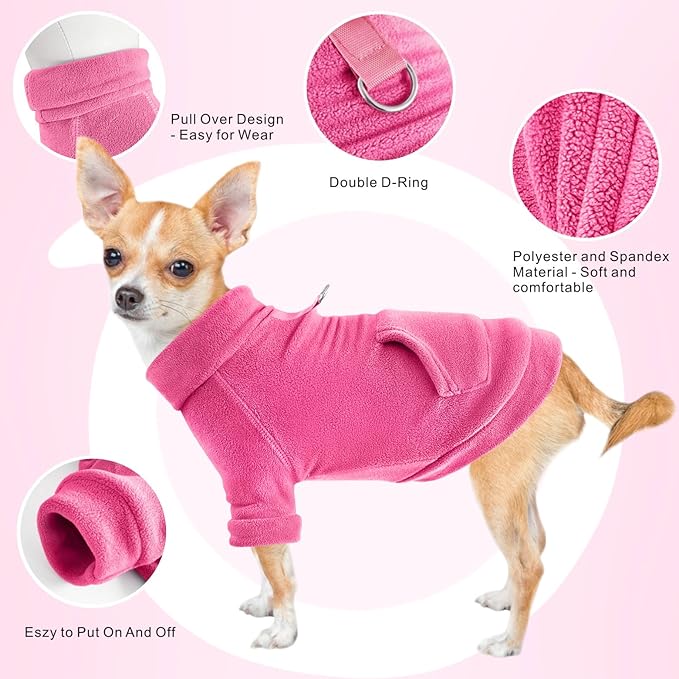 Idepet Fleece Sweater, Winter Dog & Cat Coat - Turtleneck Sweatshirt with Leash Ring (Rose Red, M)