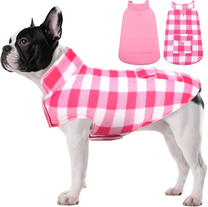 ASENKU Dog Winter Coat, Fleece Doggie Jacket Plaid Reversible Vest Waterproof Windproof Cold Weather Clothes for Small Medium Large Dogs (S, Pink)
