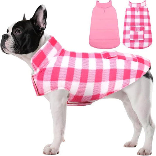ASENKU Dog Winter Coat, Fleece Doggie Jacket Plaid Reversible Vest Waterproof Windproof Cold Weather Clothes for Small Medium Large Dogs (S, Pink)