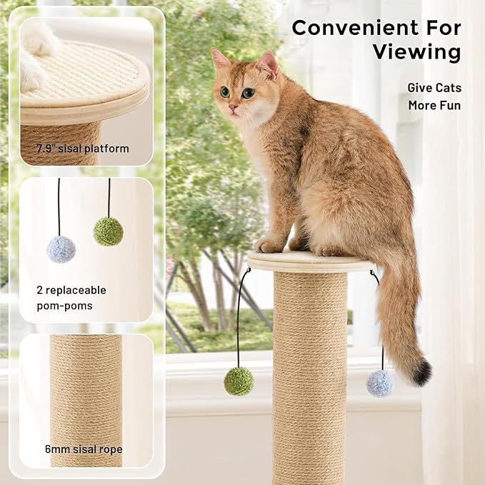 35'' Cat Scratching Post for Indoor Cats Adults, Tall Scratching Posts with Thicken Wooden Base, Sisal Scratcher Top & Removable Dangling Balls, Super Sturdy for Large Big Cat