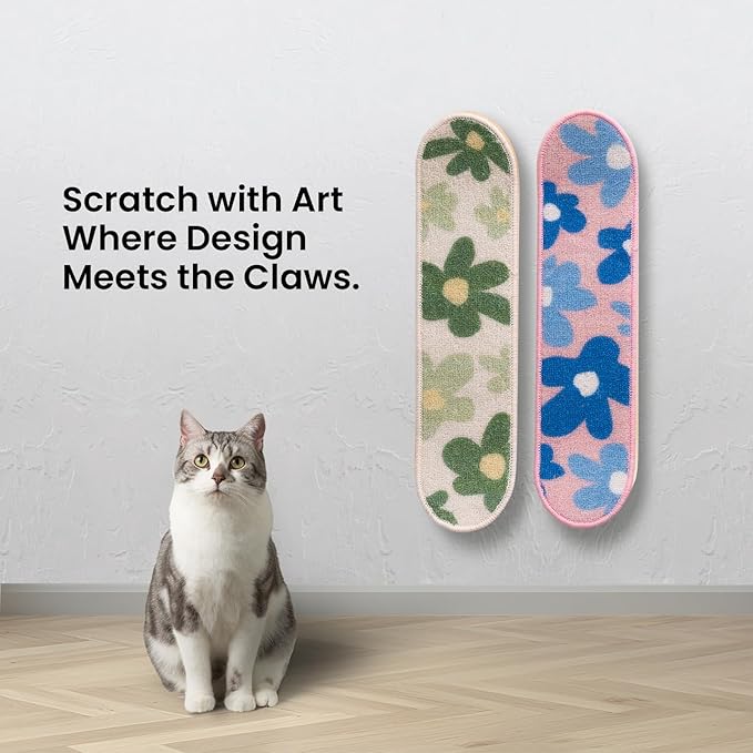 Wall Mounted Cat Scratching Board Skateboard Style (24"x6") - Reusable Wooden Board + Replaceable Cat Scratcher Map with Mounted Setup