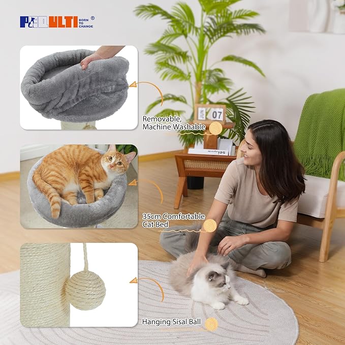 PEQULTI Cat Scratching Post, Tall Cat Scratcher for Indoor Cats with Super Thick Scratching Post [Dia=5.5''], Removable Fluffy Bed, Cat Scratch Post with Spring Ball, Grey