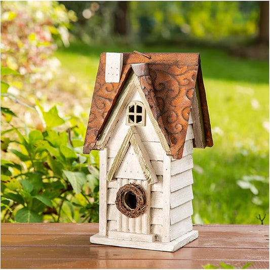 Glitzhome 12" H Washed White Distressed Solid Wood Cottage Birdhouse Hanging Bird House for Outdoors