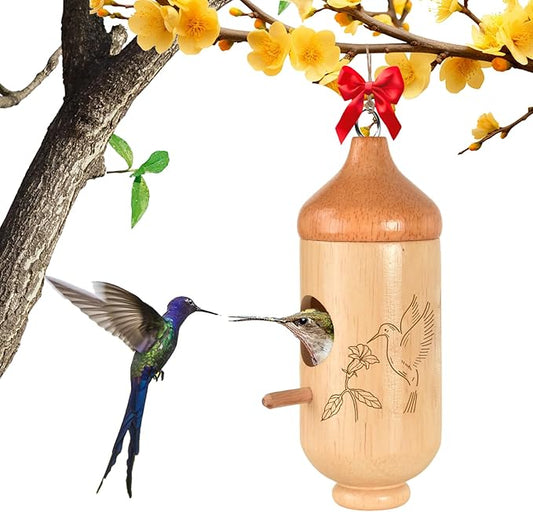 Hummingbird House, Solid Wood Hummingbird Houses for Outside-Exquisitely Handcrafted Birdhouse with Ribbon and String Hanging Kit, Durable Garden Decor, Perfect Gardening Gift(Style-C, 1 Pack)
