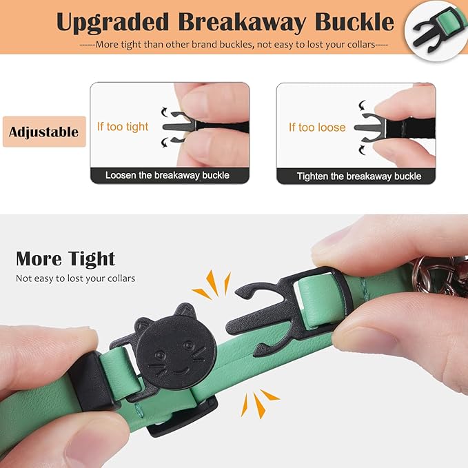 Upgrade Breakaway Cat Collar with Bells, Soft Leather Kitten Collars with Name Tag,Safety Adjustable Buckle,Lightweight,Ideal for Girl Boy Cats, Green+Blue